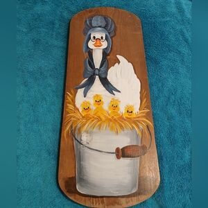 ☆ SOLD Original Folk Art Mother Duck and Baby Chicks Wooden Art Painting Plaque